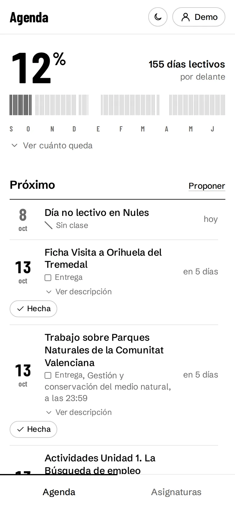 Portada de la agenda en el móvil