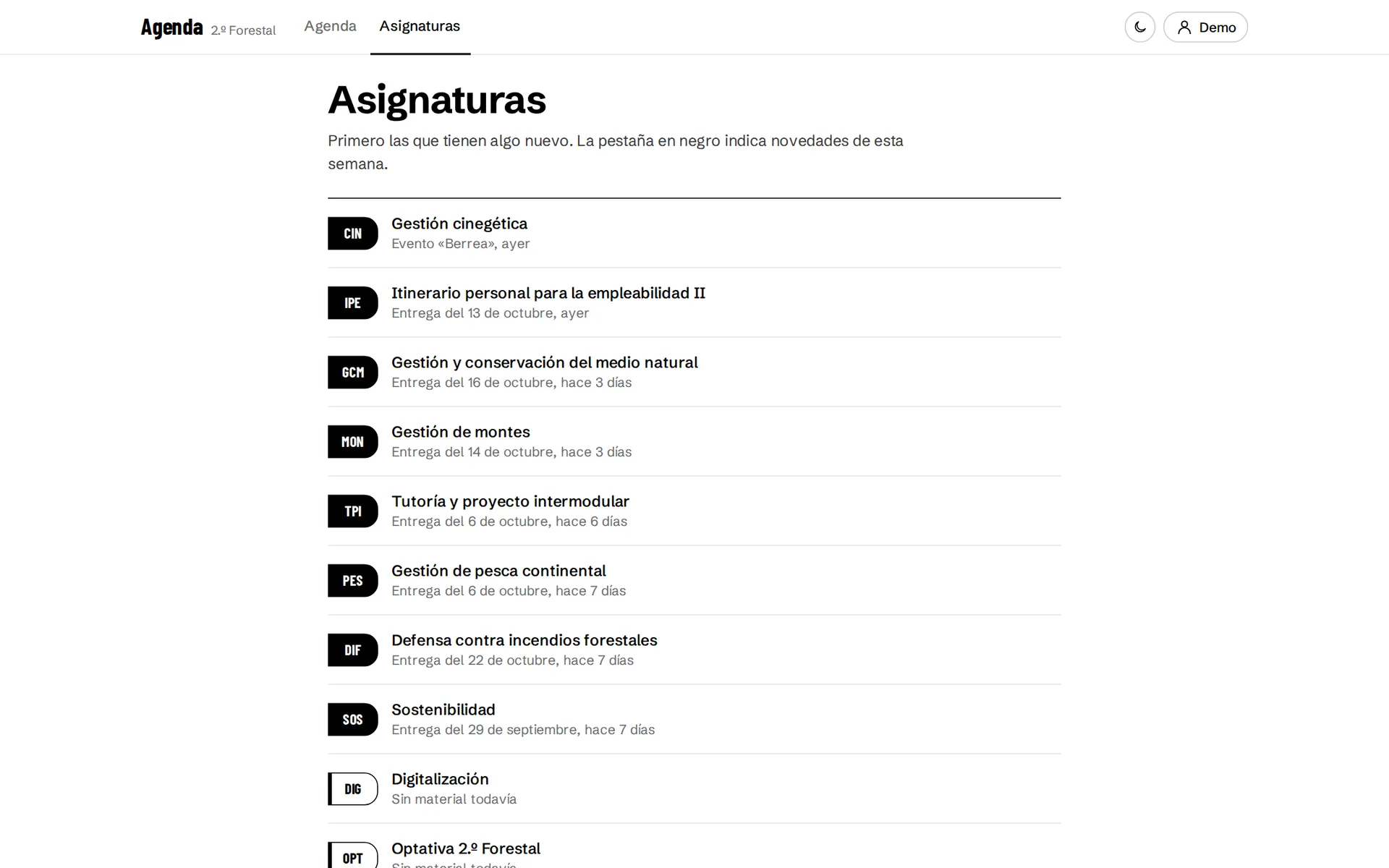 Lista de asignaturas con sus últimas novedades