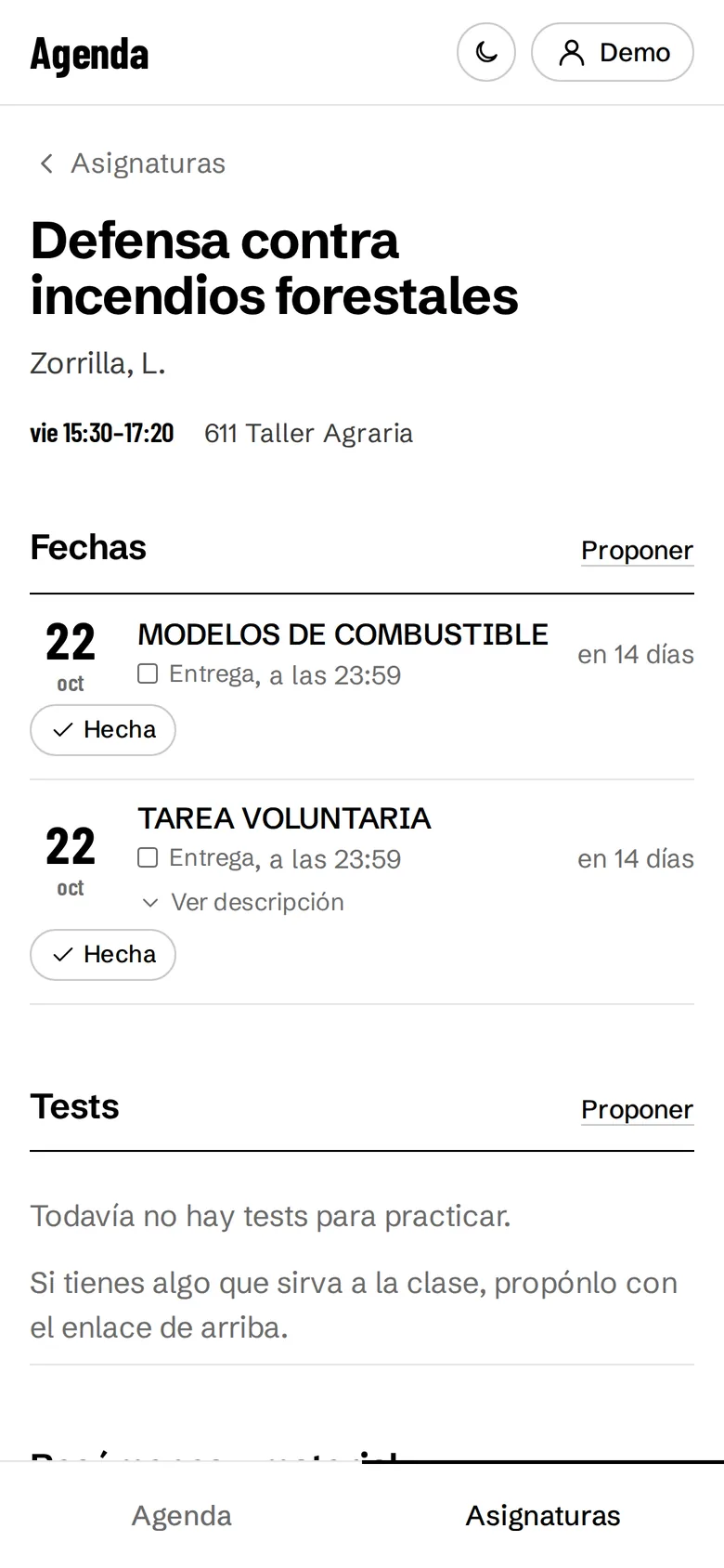 Página de una asignatura en el móvil
