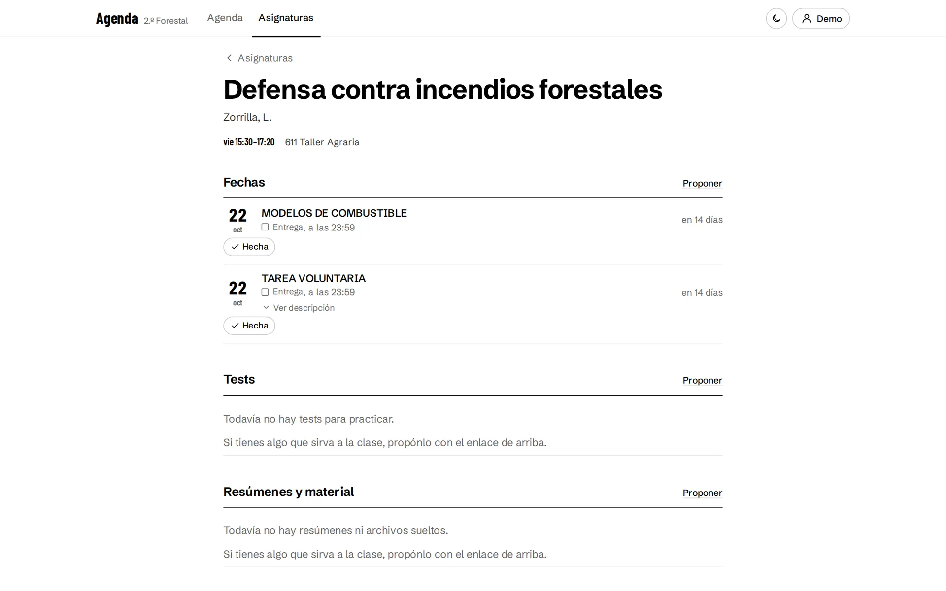 Página de una asignatura con sus fechas, tests y material