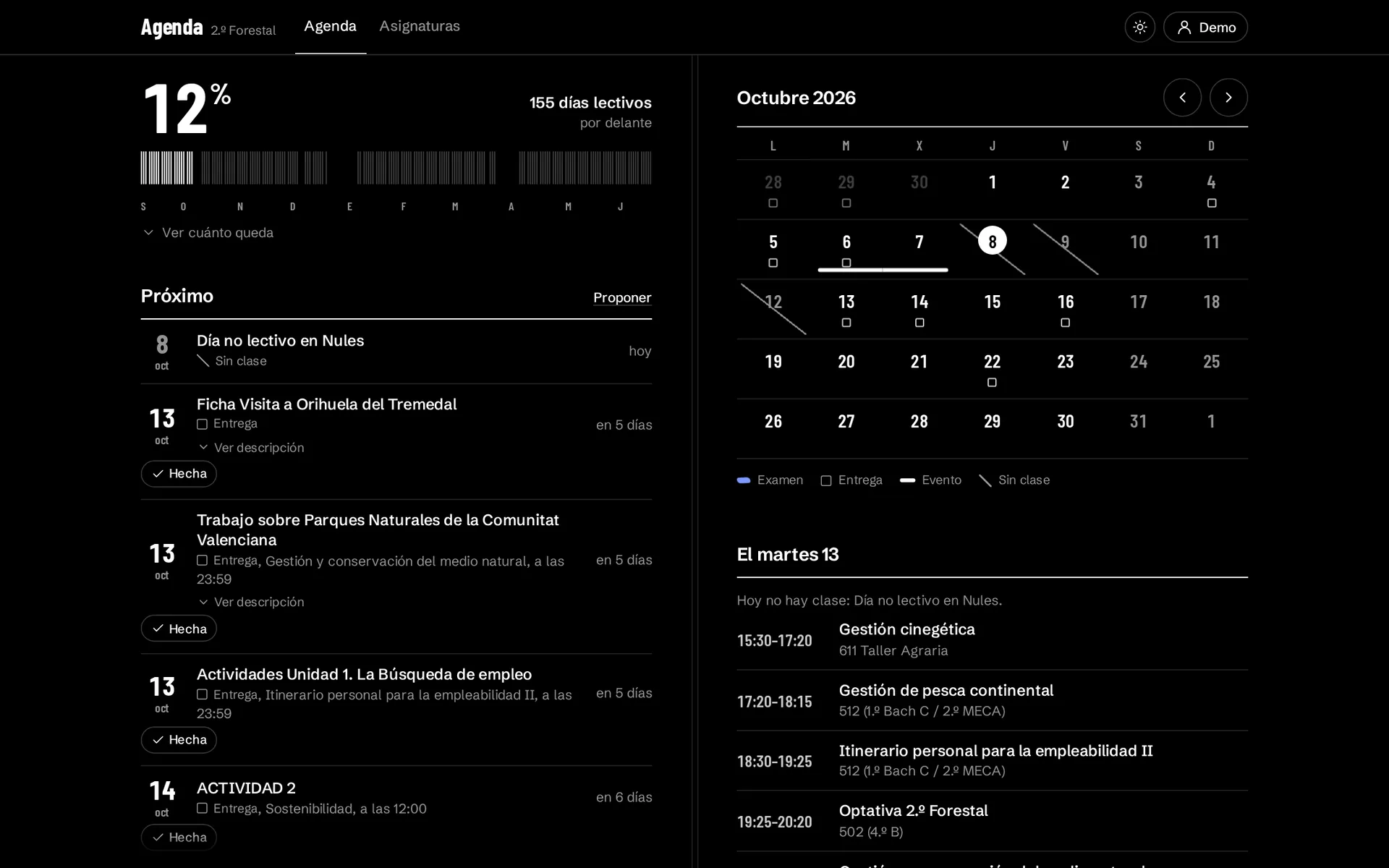 La agenda en modo oscuro
