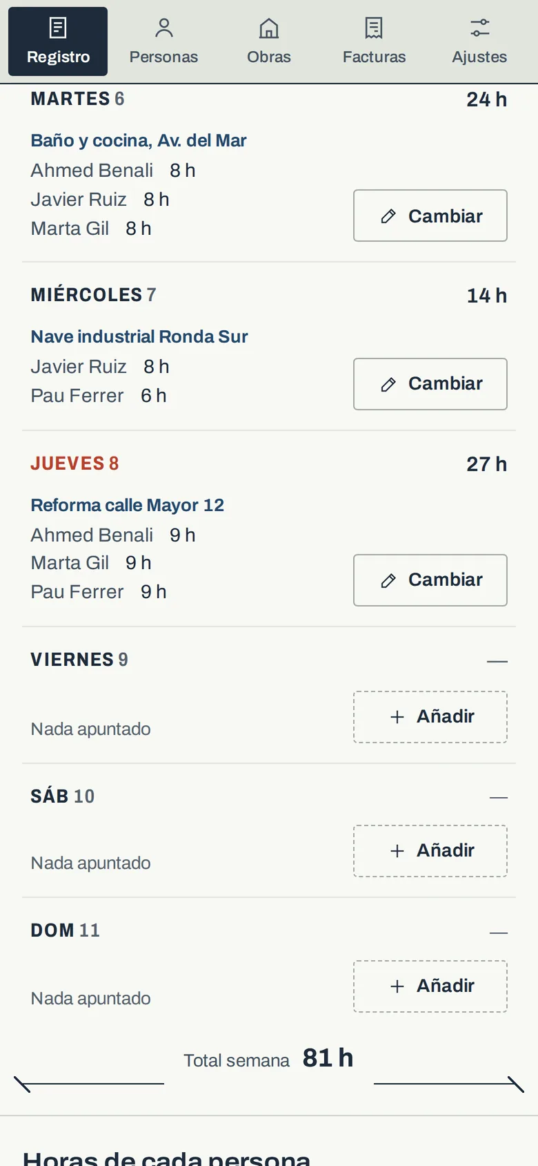 Días de la semana con sus apuntes en el móvil
