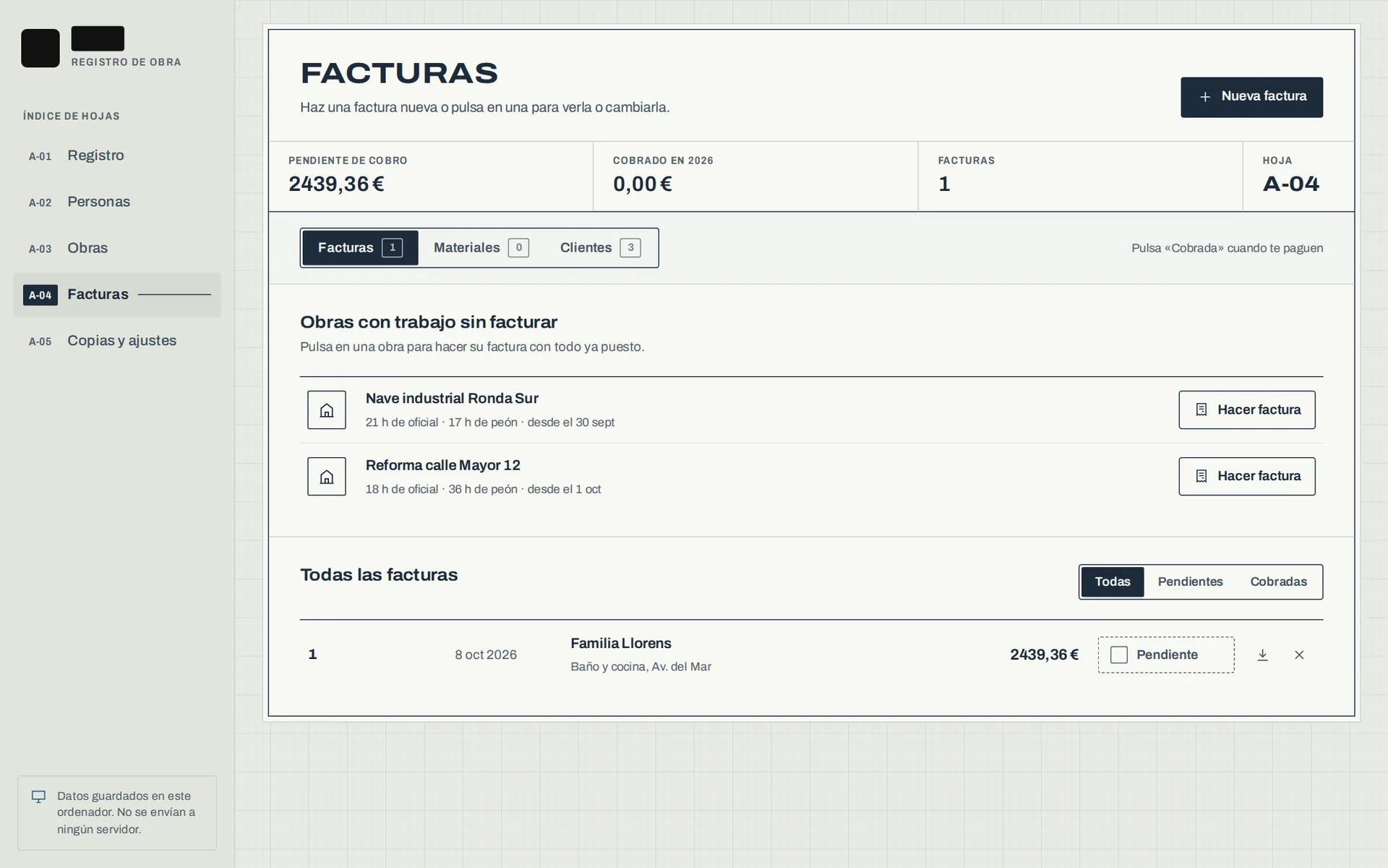 Lista de facturas y obras pendientes de facturar